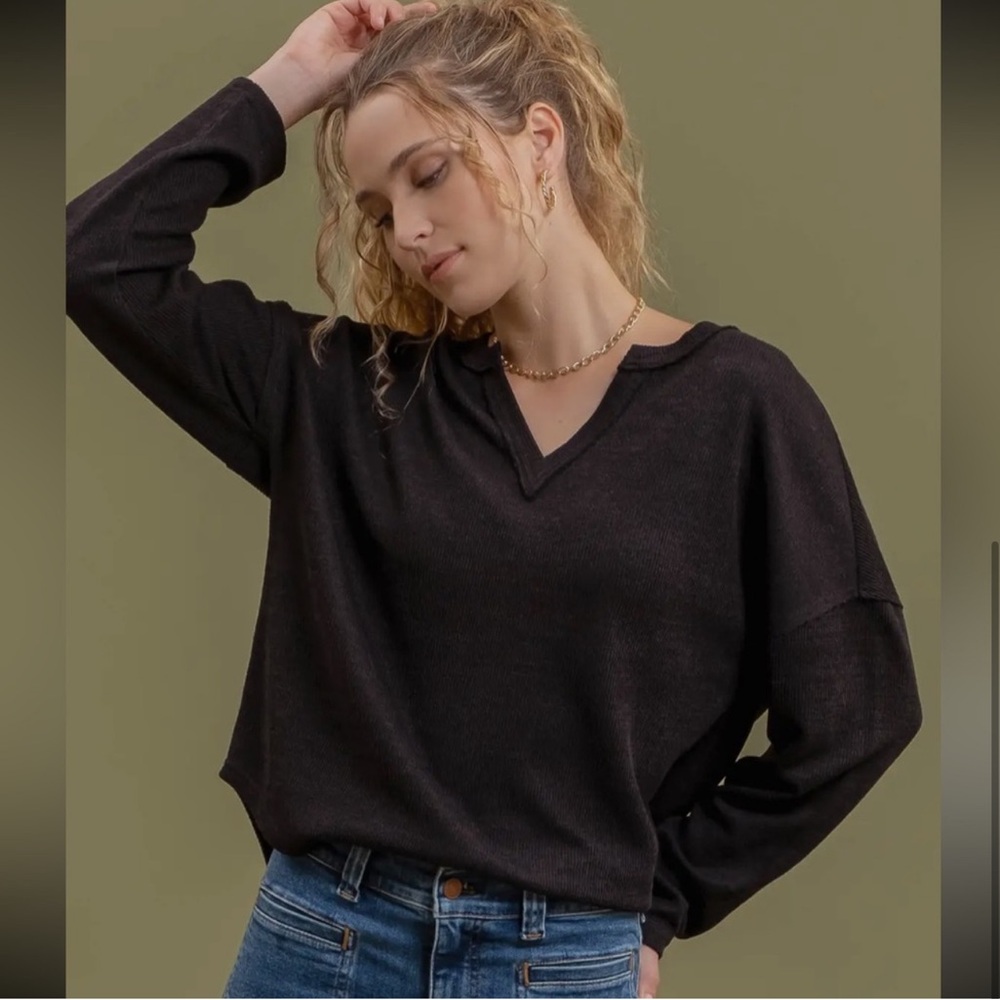 Notch Neck Knit Long Sleeve Top Black NWT